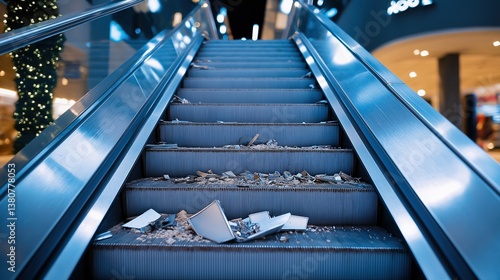 Broken Escalator with Debris in Urban Setting