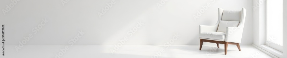 Modern armchair in minimalist white space; clean lines, simple elegance , bright, comfortable Modern armchair in minimalist white space; clean lines, simple elegance , bright, comfortable