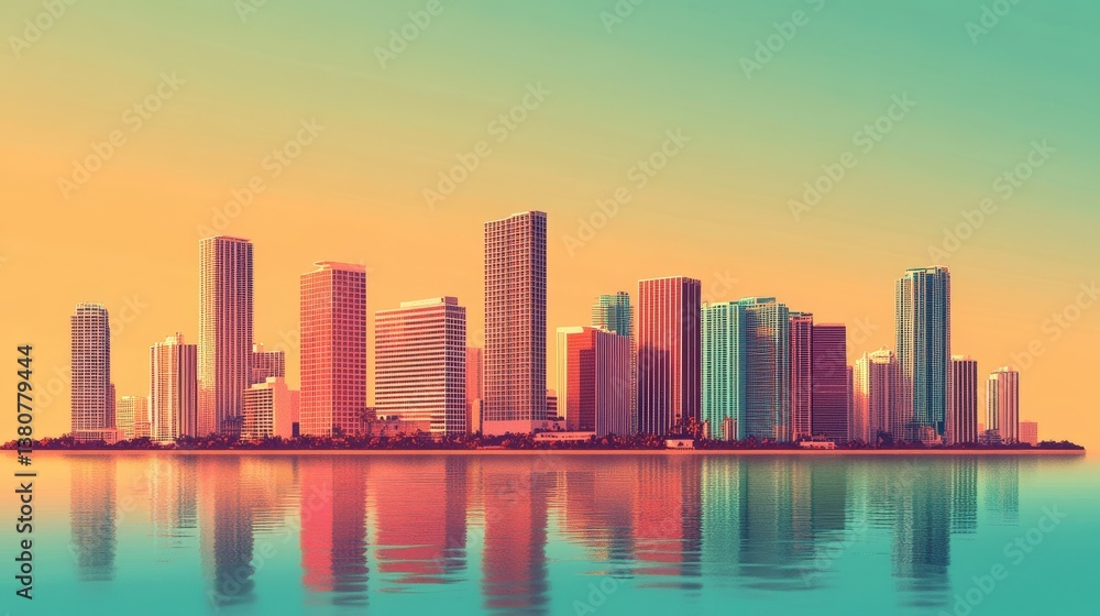 Fototapeta premium Minimalist rendering of Miami skyline with bold colors and clean lines