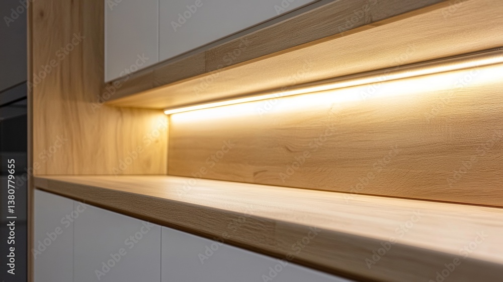 Photo of compact minimalist built-in scandinavian-style kitchen with appliances in oak and white with led lights