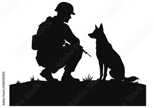 soldier and military dog  silhouette  isolated on white background 