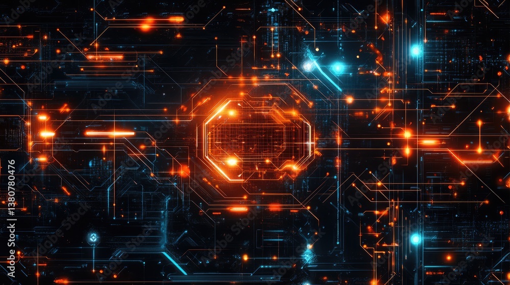 Obraz premium Abstract representation of a network depicted with interconnected orange human icons on a dark blue background