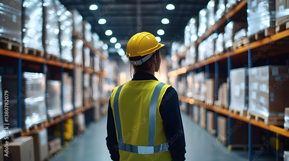 Dedicated warehouse worker observing operations in a busy logistics environment overseeing stock management Dedicated warehouse worker observing operations in a busy logistics environment overseeing stock management