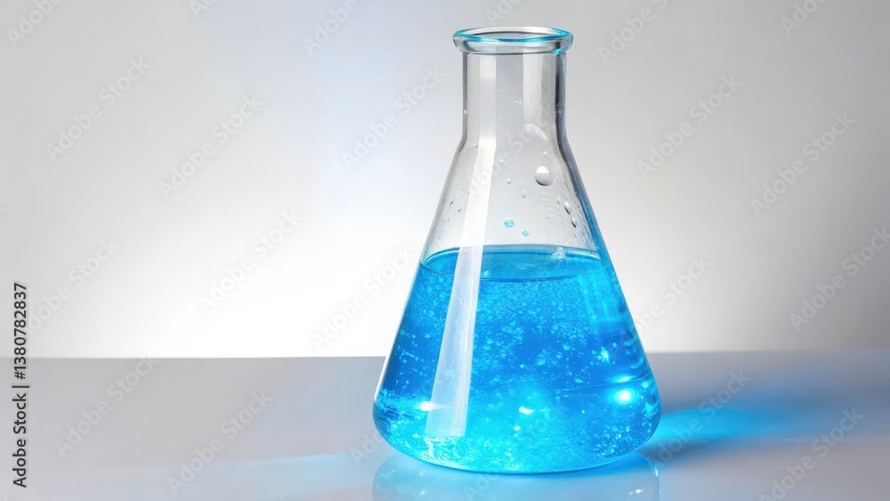 Chemical substance synthetic concept. Glass flask with blue liquid displaying bubbles, set against a light background. Chemical substance synthetic concept. Glass flask with blue liquid displaying bubbles, set against a light background.