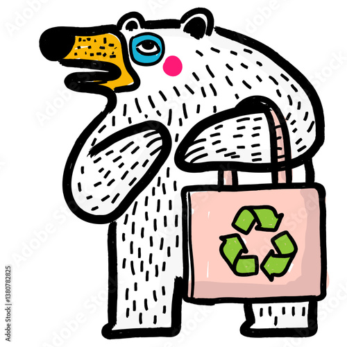 Polar bear holding recycle tote – eco animal sticker icon for environmental awareness and conscious lifestyle