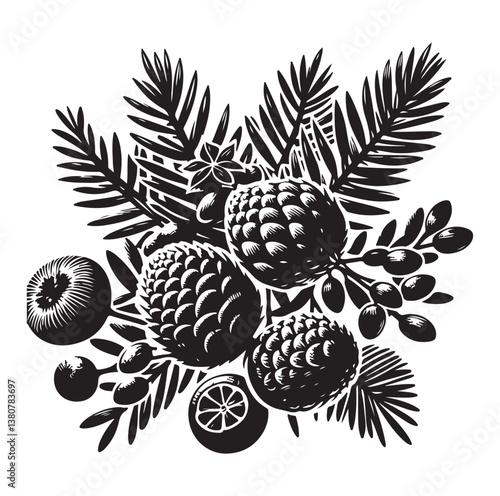 Evergreen fruit  Silhouettes vector illustration a white background.