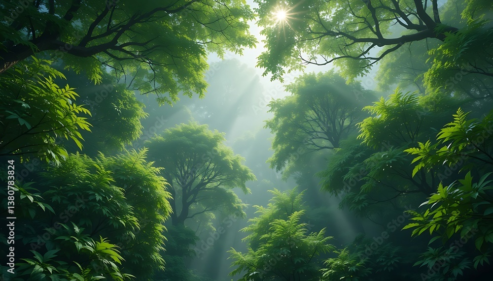 Obraz premium Sun Rays Shining Through Green Forest Canopy Creating Mystical Atmosphere