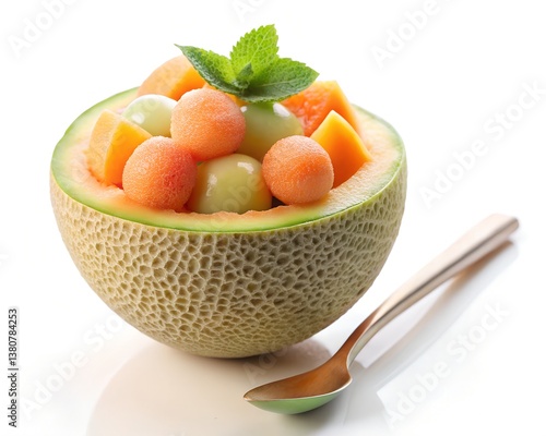 Hand holding melon baller, scooping melon balls out of cantaloupe