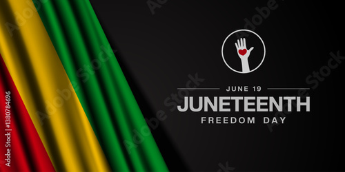 June 19 is Juneteenth Freedom Day. Flag, heart and hand. Great for posters, banners, social media and more. Black background.