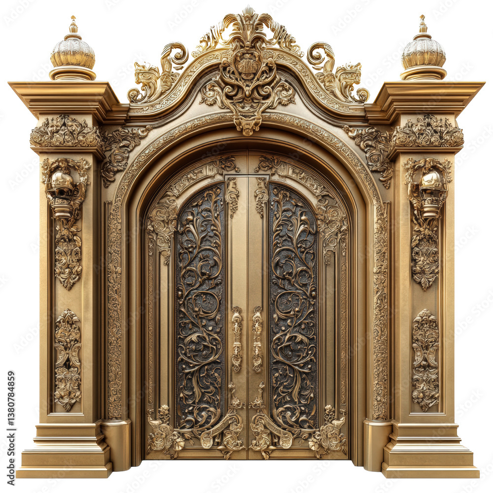 Ornate golden gate with intricate carvings and grand pillars Ornate golden gate with intricate carvings and grand pillars