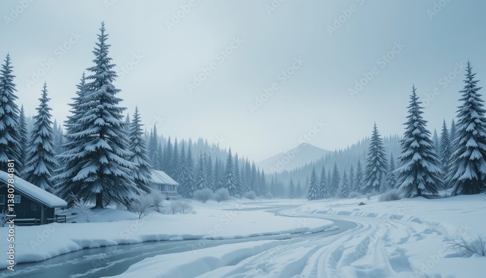 Obraz premium Winter wonderland adventure snowy landscape exploration in a serene forest by a tranquil river capturing the beauty of nature in a chilly environment