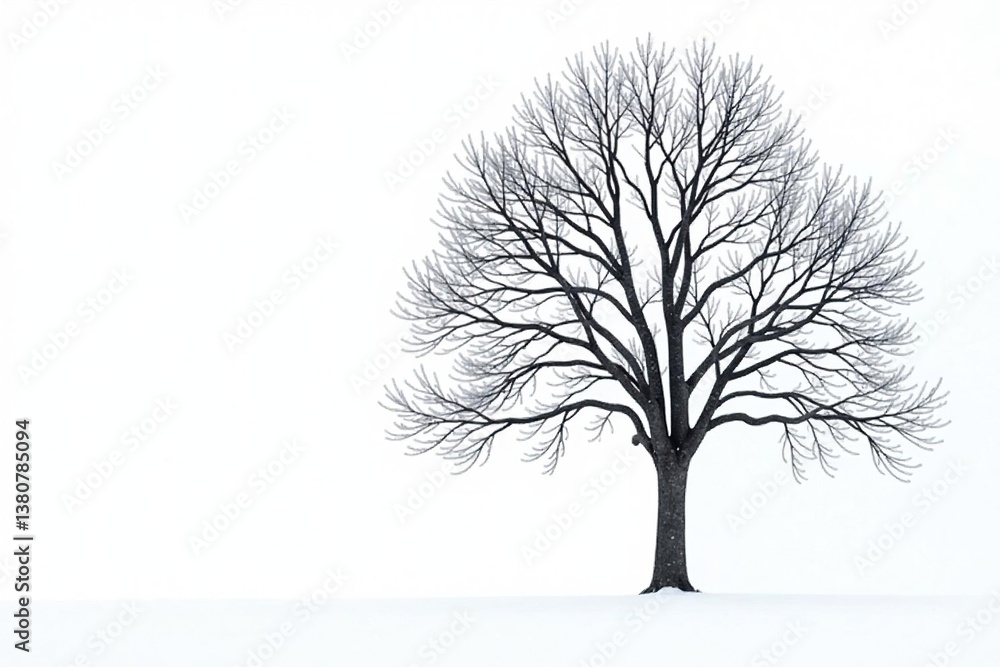 Obraz premium A single branch of bare trees isolated on a white background in winter landscape, tree, branches, snow