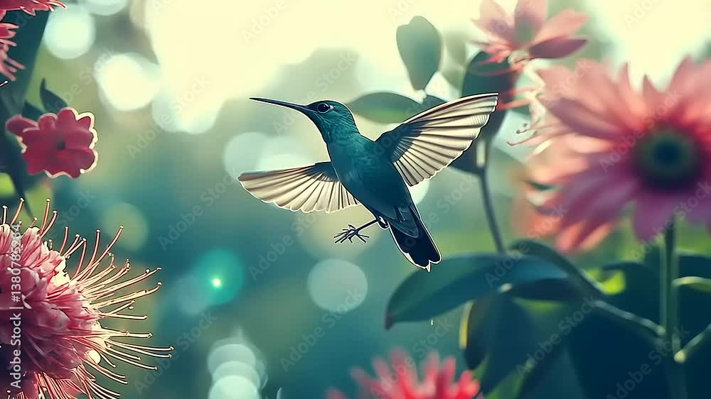 A vibrant hummingbird hovering near colorful flowers in a lush garden, capturing the essence of nature A vibrant hummingbird hovering near colorful flowers in a lush garden, capturing the essence of nature