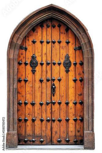 ornate wooden door with metal accents and arched stone frame