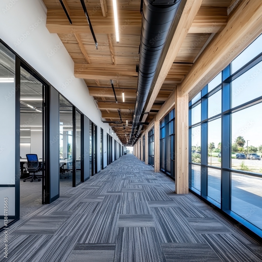 Obraz premium Modern office hallway with exposed wood beams, gray carpet, and large windows offering natural light.