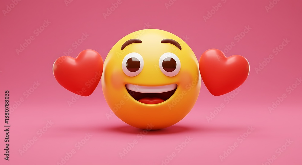 Smiling Emoji Surrounded by Hearts on Pink Background - Happy Feeling Smiling Emoji Surrounded by Hearts on Pink Background - Happy Feeling