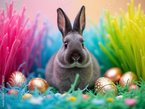 A Holland Lop rabbit with floppy ears sitting among a field of vibrant multicolored tulips