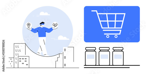 Man balancing lightbulb and handshake atop city skyline, representing innovation and teamwork. Nearby, shopping cart icon and product jars highlight e-commerce and supply chain. Ideal for business
