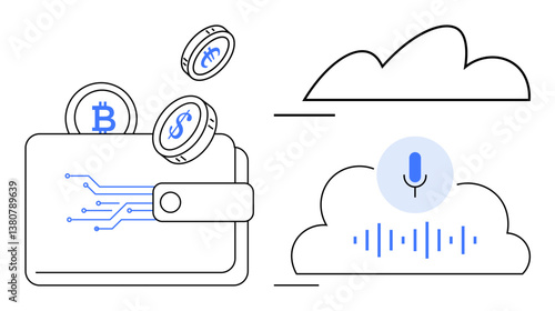 Wallet emitting cryptocurrency coins beside a cloud with a microphone and audio waves. Ideal for fintech, blockchain, crypto exchange, cloud computing, virtual payments, wallets, digital