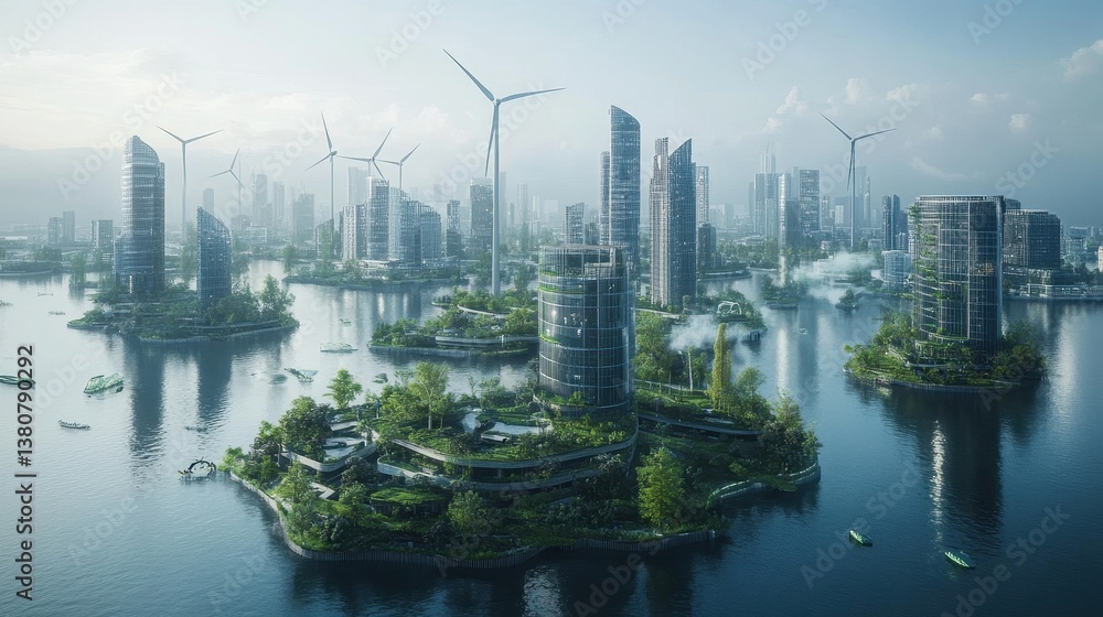 Fototapeta premium Futuristic Eco City Aerial View Green Skyscrapers and Islands
