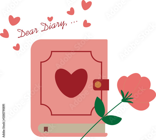 Love Diary Book with Pink Rose and heart shapes vector element. represent falling in love in young age. hopeless romantic. 
