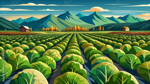 Fertile Field of Organic Lettuce Grow in California Farmland. Field of organic lettuce growing in a sustainable farm in California with mountains in the .