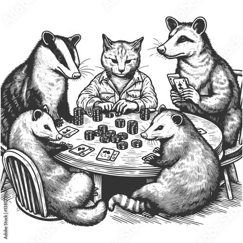 Animals playing poker around a table vector