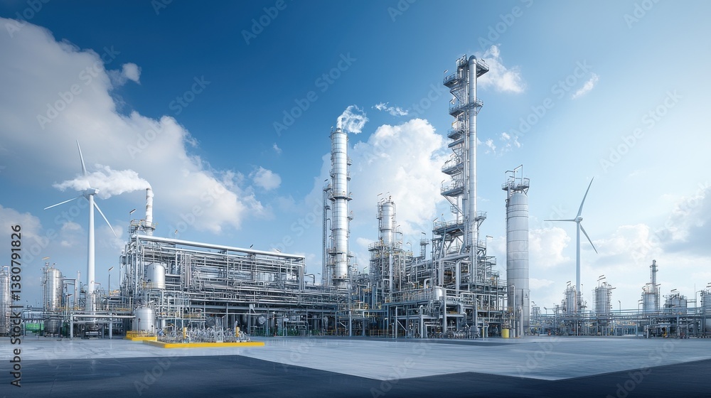 Obraz premium Expansive industrial oil refinery facility with numerous pipelines storage tanks smokestacks and tall towers set against a backdrop of wind turbines and an urban cityscape