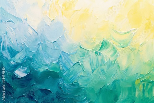 Photo of Many rough green and yellow smears of acrylic oil paint on flat surface. Detailed photo textured background