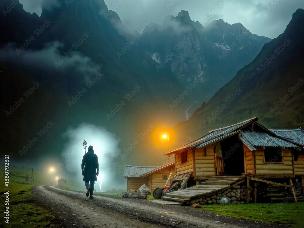 A man walks down a road in front of a house with a lantern lit up. The scene is dark and mysterious, with the man's shadow casting a long figure on the ground. The lantern's light illuminates the area