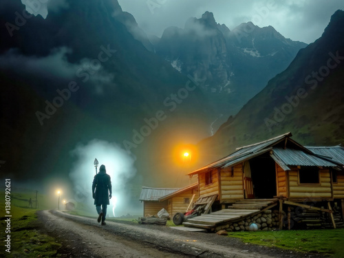 Obraz na płótnie A man walks down a road in front of a house with a lantern lit up. The scene is dark and mysterious, with the man's shadow casting a long figure on the ground. The lantern's light illuminates the area w salonie