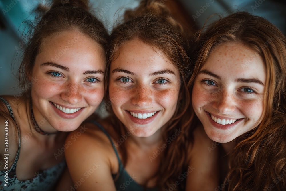 Three Smiling Women with Warm Mood Against Out-of-Focus Background Three Smiling Women with Warm Mood Against Out-of-Focus Background