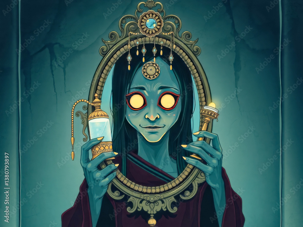 A woman with a creepy face holding a bottle and a cup. The woman is surrounded by a mirror