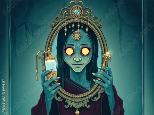 Obraz na płótnie A woman with a creepy face holding a bottle and a cup. The woman is surrounded by a mirror w salonie