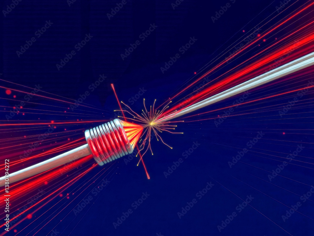 A wire with a red and white point in the middle and red and white sparks surrounding it. The wire is bent and twisted, giving it a unique and interesting appearance
