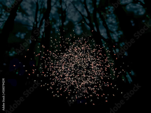 Obraz na płótnie A firework display in the woods at night. The firework display is in the middle of the woods and is surrounded by trees. The firework display is lit up and is creating a beautiful w salonie