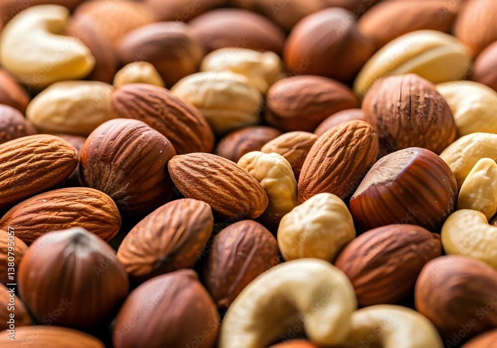 A vibrant close-up shot of a mixed nuts assortment, including almonds, walnuts, cashews, and hazelnuts. Created with Generative AI technology A vibrant close-up shot of a mixed nuts assortment, including almonds, walnuts, cashews, and hazelnuts. Created with Generative AI technology