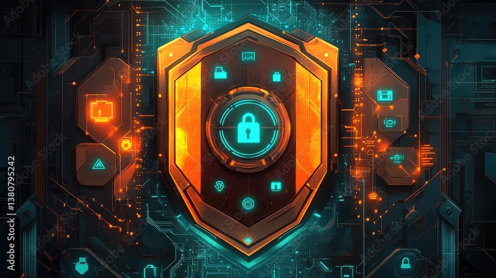 Fototapeta premium Illustration of a cybersecurity concept with a central shield icon surrounded