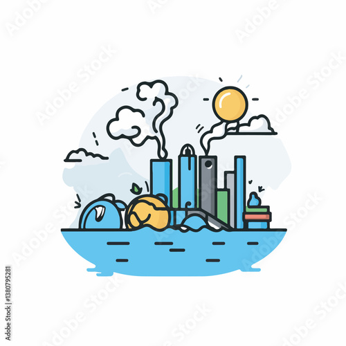Pollution towers emit clouds polluting flooded city skyline illustration