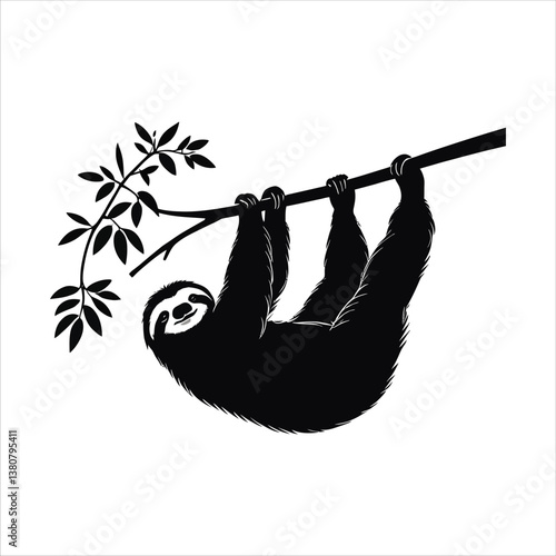 Black and White Sloth Hanging from Tree Branch Minimalist Ink Illustration