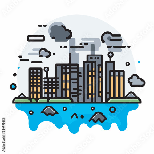 City buildings stand cartoon urban skyline illustration pollution