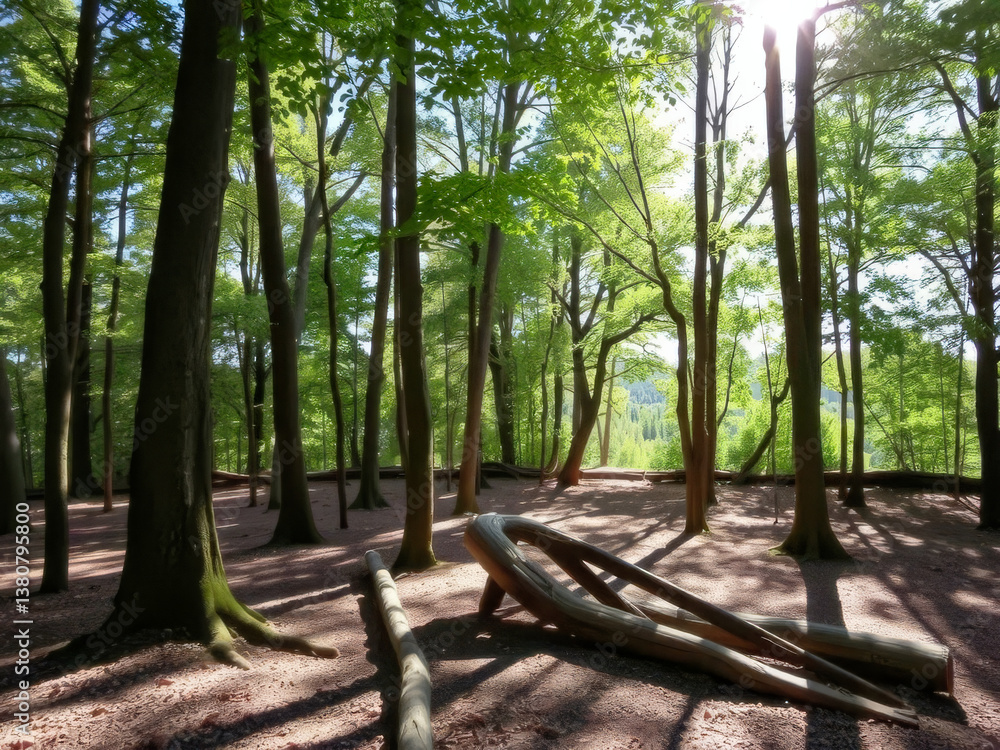 A forest with a large log in the middle of it. The log is surrounded by trees and the ground is covered in leaves