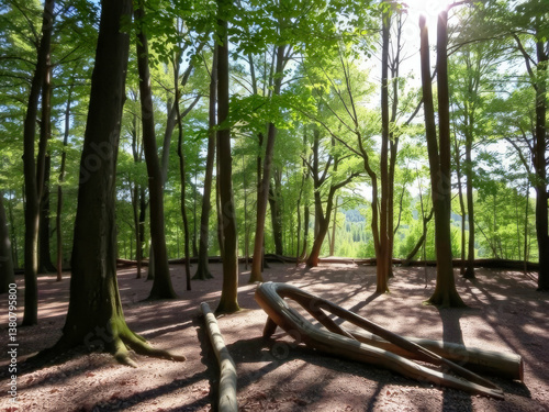 Obraz na płótnie A forest with a large log in the middle of it. The log is surrounded by trees and the ground is covered in leaves w salonie