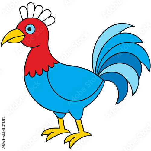 Cartoon Rooster Illustration Vibrant Blue, Red Crest, Feathered Tail
