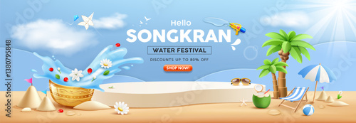 Songkran water festival thailand podium display, colorful flowers in a water bowl water splashing, coconut tree, pile of sand and sand beach light blue background, Vector illustration