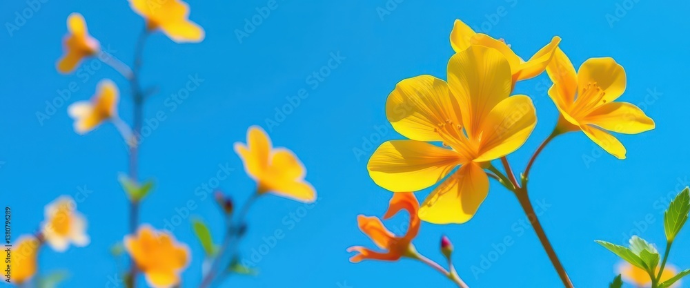 Fototapeta premium Bright yellow and orange Bacopa monnieri blossoms contrast vividly against a clear blue sky, India, garden, close-up