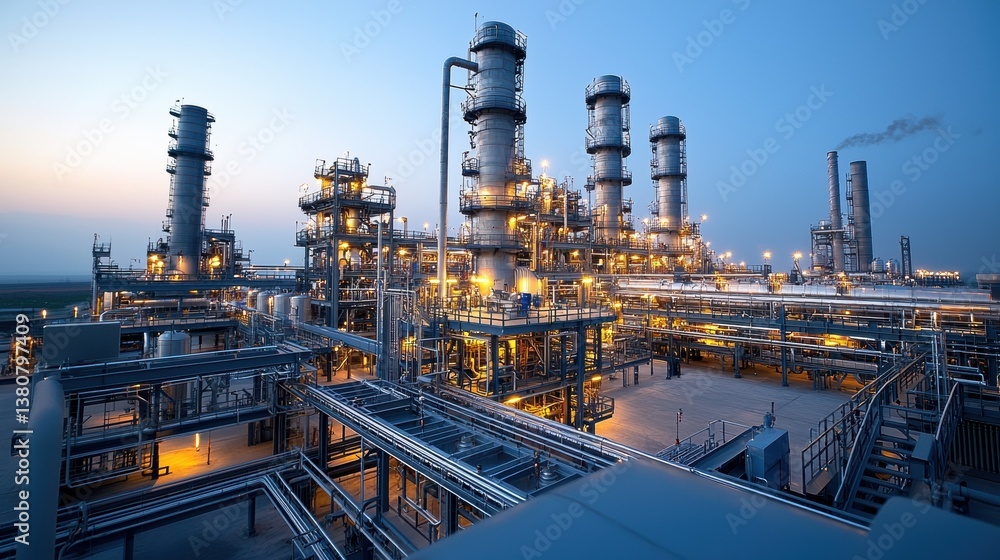 An expansive oil refinery complex with numerous industrial towers pipes and equipment illuminated at night showcasing the scale and technological sophistication of modern energy production An expansive oil refinery complex with numerous industrial towers pipes and equipment illuminated at night showcasing the scale and technological sophistication of modern energy production