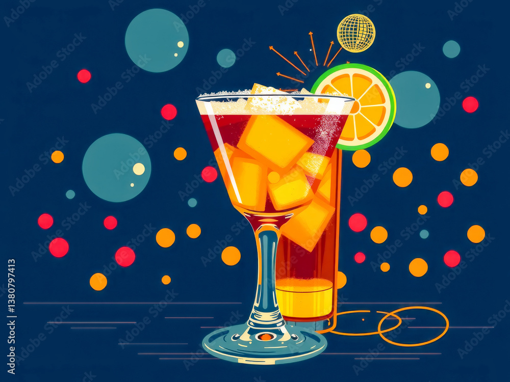 A colorful drink with a lime slice in it is served in a glass. The drink is served in a bar setting with a disco ball in the background
