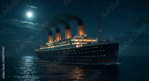 Ocean Liner Cruising at Night Under Full Moon and Stars