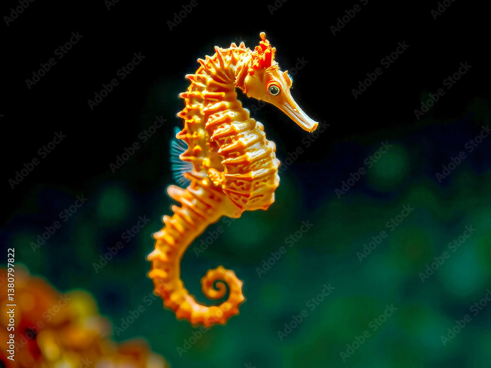 A small yellow sea horse is swimming in the ocean. The image has a calm and peaceful mood, as the sea horse is the only object in the scene